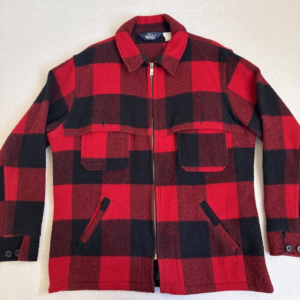 Vintage Woolrich Buffalo Plaid Wool Zip Jacket Mens Large Red Black Made in USA